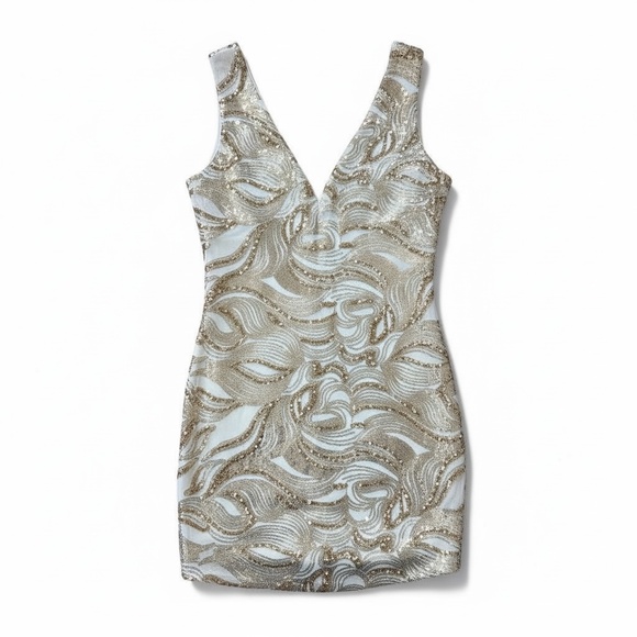 As U Wish Sleeveless Sequin Mini Dress – Gold & White, Size Large - Picture 2 of 3